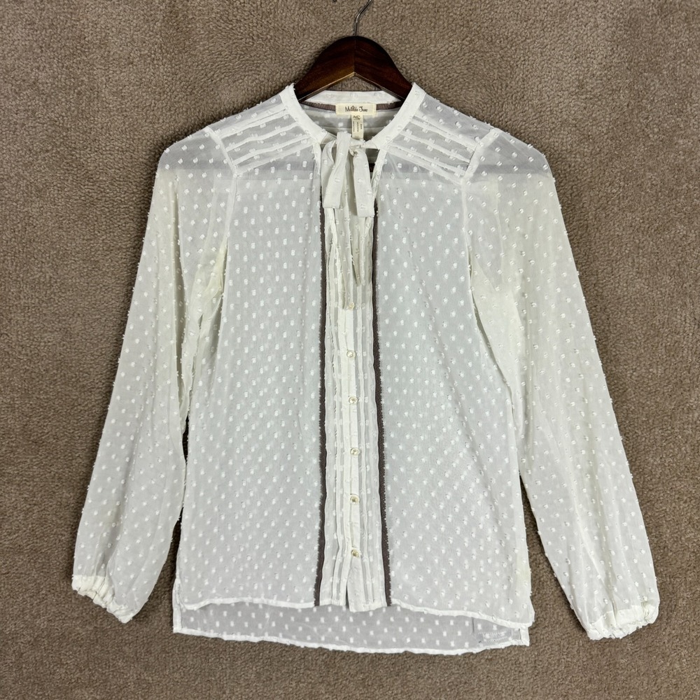 Matilda Jane Renae Top Womens XS‎ White Long Sleeve Swiss Dot Semi Sheer Blouse - Picture 2 of 11